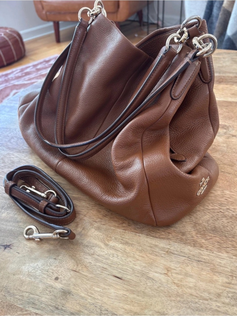 Brown Pebbled Leather Coach Shoulder Bag with Removable Strap